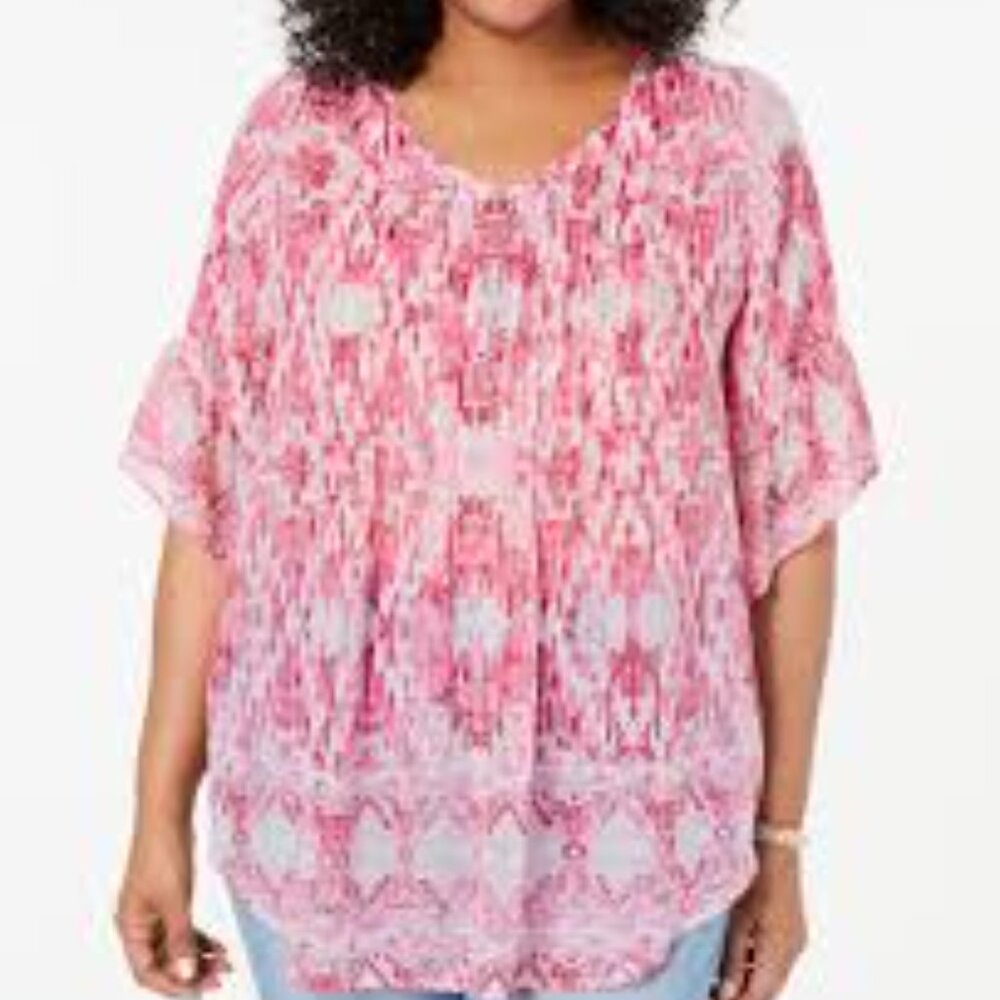 EUC Style & Co Women's 2X Retro Scarf-Print Pintuck-Pleat Top Southwest Pink